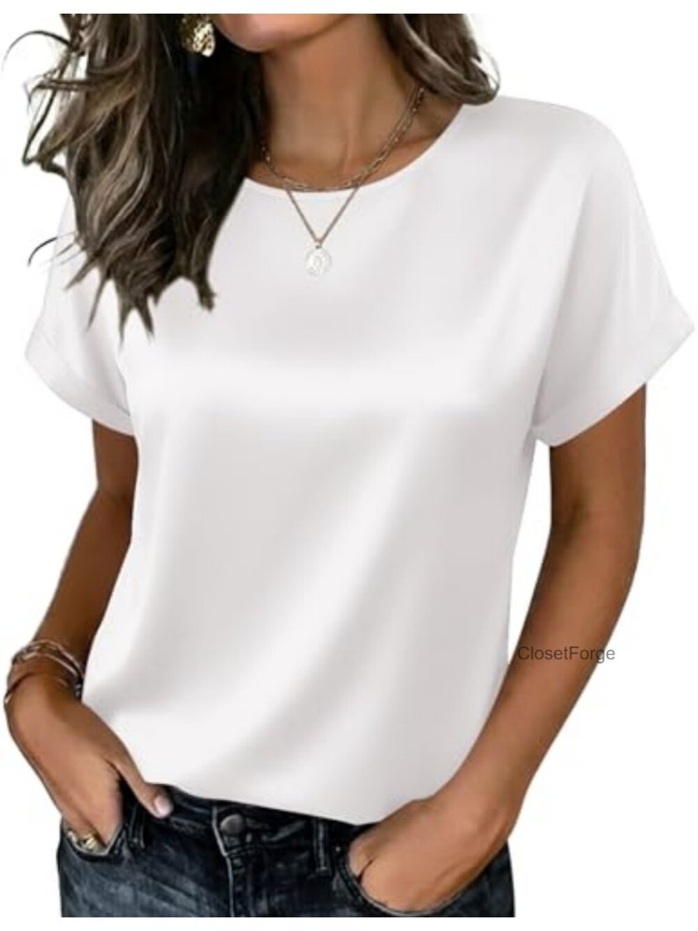Zeagoo Satin Silk Blouse Short Sleeve Crewneck Top Dressy Casual Sheen Women